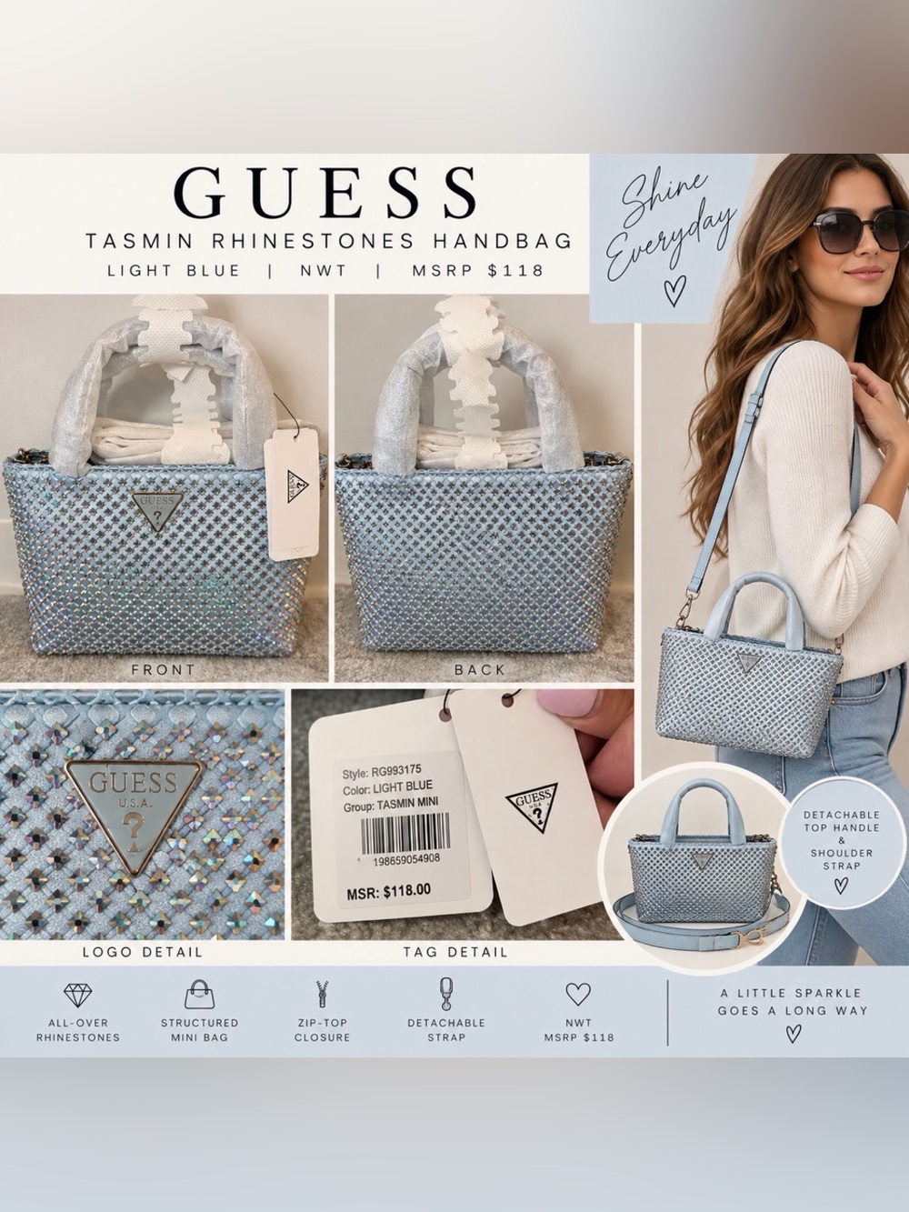 GUESS Light Blue Rhinestone-Embellished Tasmin Mini Satchel